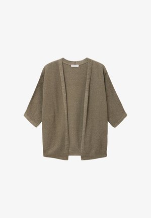 Olivgrüne, strukturierte Strickjacke mit offenem Vorderteil, Dreiviertelärmeln und lockerem Schnitt.