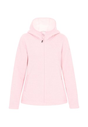 Rosa hoodie med en blød tekstur, lynlås og hætte. Har sidelommer og en sporty, tætsiddende design med en glat finish.