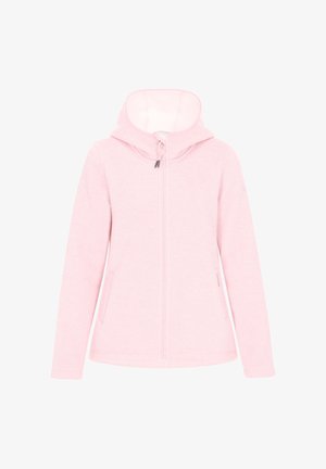 Roosa kapuutsiga sviiter, millel on pehme tekstuur, lukuga kinnitin ja kapuuts. Sellel on küljetaskud ning sportlik, sobiv disain sileda viimistlusega.