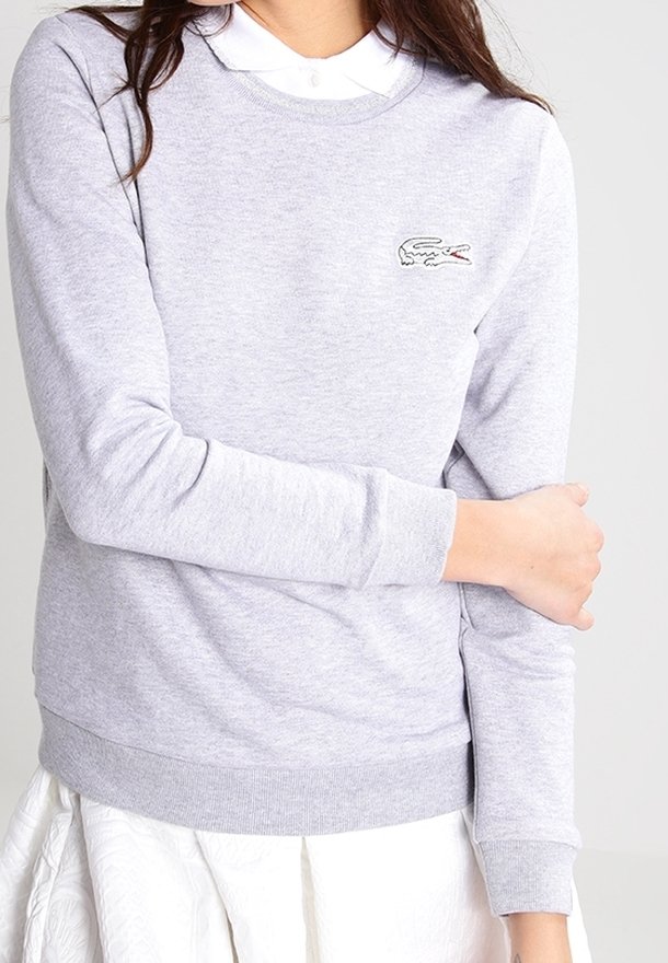 Felpa grigia realizzata in morbido misto cotone, con collo a giro e maniche lunghe. Include il logo Lacoste in colori a contrasto.