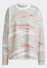 Långärmad sweatshirt med ett pastellvirvlat mönster i rosa, grönt och krämfärgat, med en vit rund halsringning och en liten logotyp.