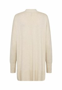 Maglione a maniche lunghe beige in maglia con polsini e orlo rigati, mostrato da dietro su uno sfondo bianco.
