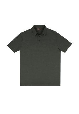 Donkergroen poloshirt van katoen, met een klassieke kraag, drie knopen en korte mouwen. Gladde textuur en eenvoudig ontwerp.