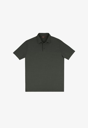 Donkergroen poloshirt van katoen, met een klassieke kraag, drie knopen en korte mouwen. Gladde textuur en eenvoudig ontwerp.