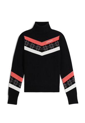 Maglione a collo alto nero con strisce diagonali rosse, bianche e grigie decorate con motivi a fiocco di neve, contrassegnato con "SPYDER" in rosso.
