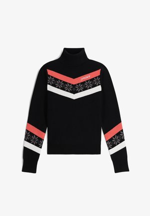 Maglione a collo alto nero con strisce diagonali rosse, bianche e grigie decorate con motivi a fiocco di neve, contrassegnato con "SPYDER" in rosso.