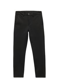Schwarze Hosen aus einem glatten, elastischen Stoff. Mit einem Knopfverschluss, Gürtelschlaufen und zwei Vordertaschen.