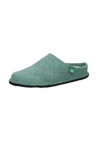 Green felt slipper with a soft texture, open back, and black rubber sole; features a small spiral logo tag on the side.