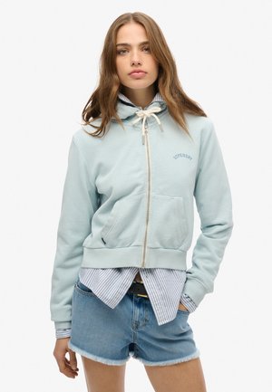 Light blue zip-up hoodie in soft material, featuring a drawstring hood, front pockets, and a small logo on the chest. Worn over a striped shirt.