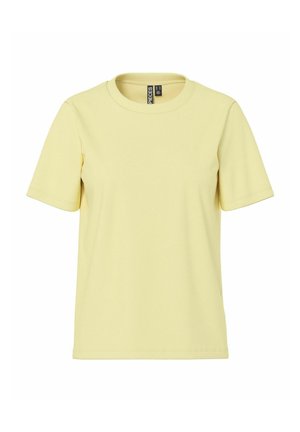 Kollane puuvillane lühikeste varrukatega T-särk ümarate kaelustega ja lõdva lõikega. Disain on minimalistlik, ilma nähtavate graafika või mustriteta.