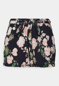 Saia mini floral em azul-marinho escuro com flores rosa claro e verdes. Apresenta um tecido texturizado e uma cintura com laço para ajuste.