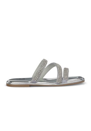 Silver sandals featuring three wide straps embellished with clear rhinestones, a metallic sole, and a textured footbed.