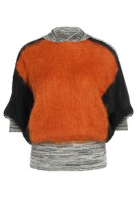 Übergroßer Pullover mit orange, schwarz und grau Blockdesign. Weicher Stoff, gerippter Saum und Boots-Ausschnitt.