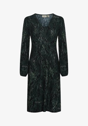Groene jurk met een patroon, lange mouwen en een v-hals. Gemaakt van een zachte stof met een textuur en vloeiende design.