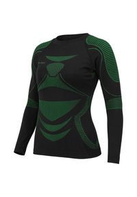 Black long-sleeve athletic shirt featuring green textured patterning and striped accents on shoulders, made from a stretchy fabric.