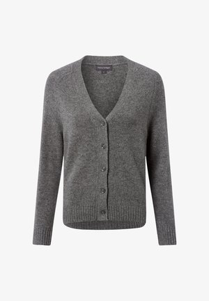 Grau gestrickte Cardigan mit V-Ausschnitt, gerippten Bündchen und Saum, aus weichem Material gefertigt. Verfügt über sechs passende Knöpfe auf der Vorderseite.