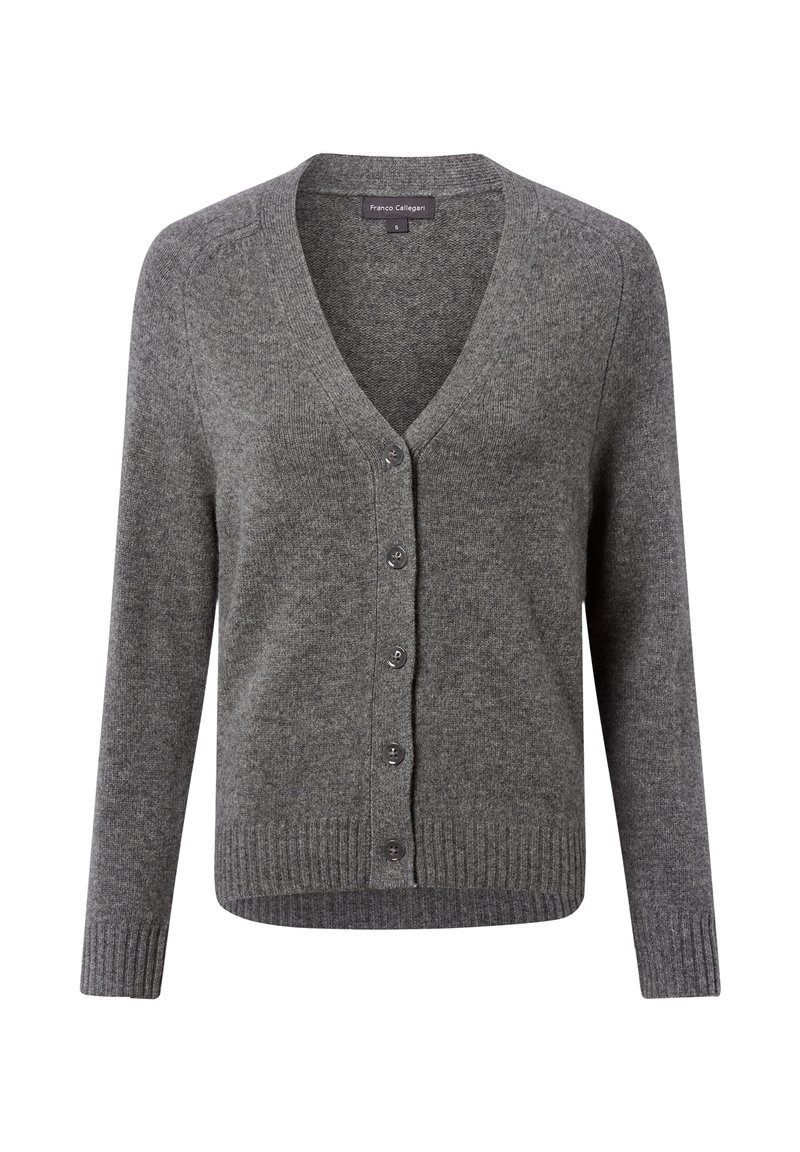 Grau gestrickte Cardigan mit V-Ausschnitt, gerippten Bündchen und Saum, aus weichem Material gefertigt. Verfügt über sechs passende Knöpfe auf der Vorderseite.