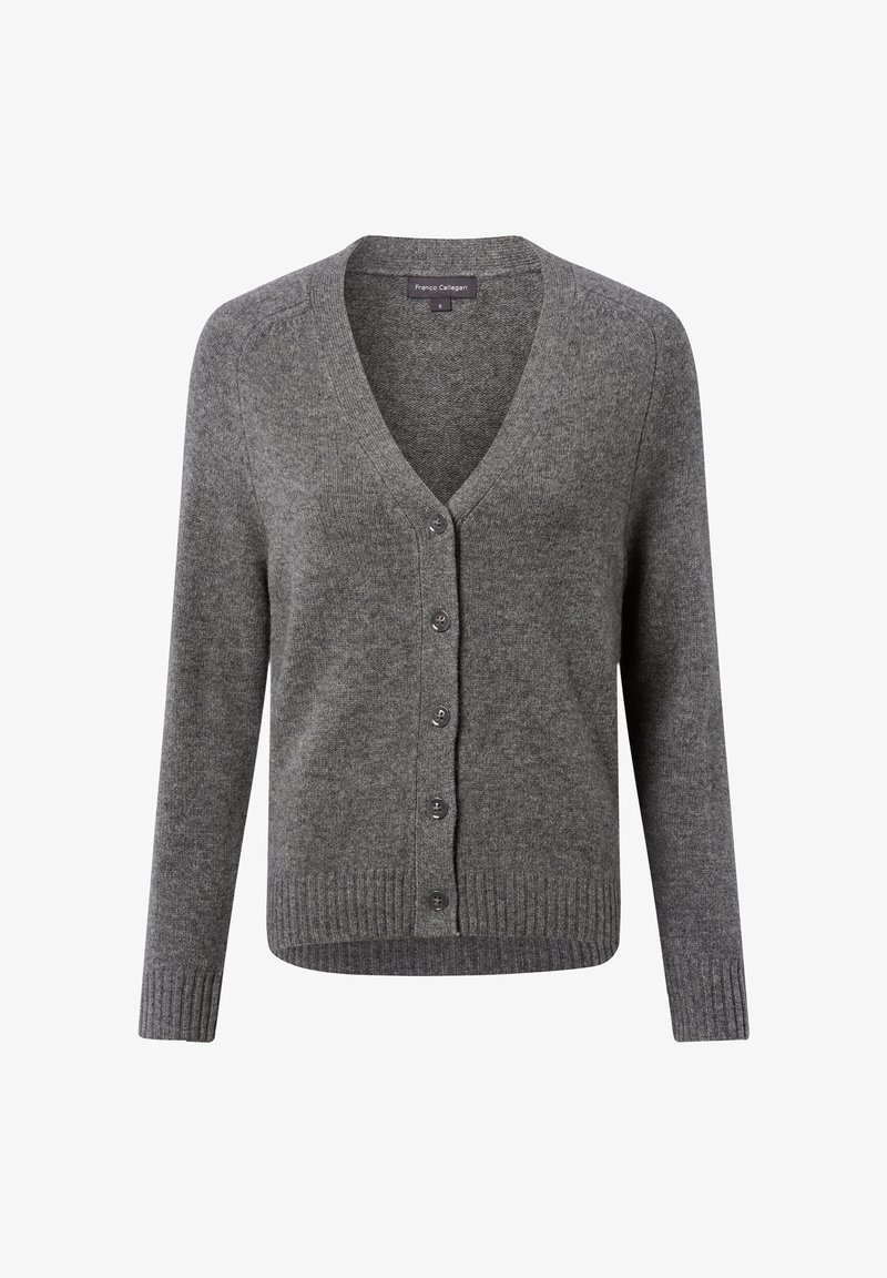 Grau gestrickte Cardigan mit V-Ausschnitt, gerippten Bündchen und Saum, aus weichem Material gefertigt. Verfügt über sechs passende Knöpfe auf der Vorderseite.