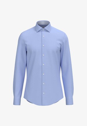 Camicia azzurra a maniche lunghe con colletto a punta, realizzata in tessuto testurizzato, con bottoni bianchi e colletto interno a contrasto con motivo.