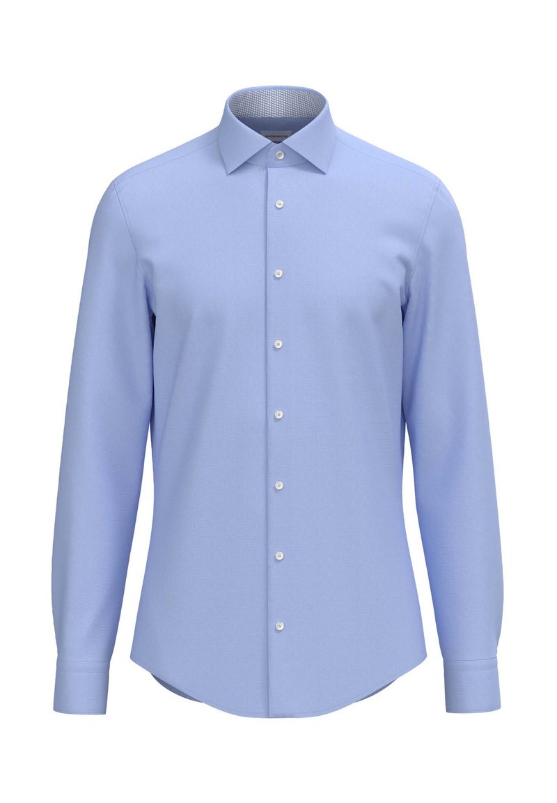 Camicia azzurra a maniche lunghe con colletto a punta, realizzata in tessuto testurizzato, con bottoni bianchi e colletto interno a contrasto con motivo.