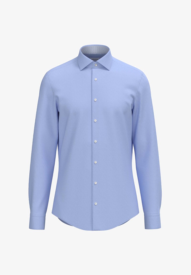 Camicia azzurra a maniche lunghe con colletto a punta, realizzata in tessuto testurizzato, con bottoni bianchi e colletto interno a contrasto con motivo.