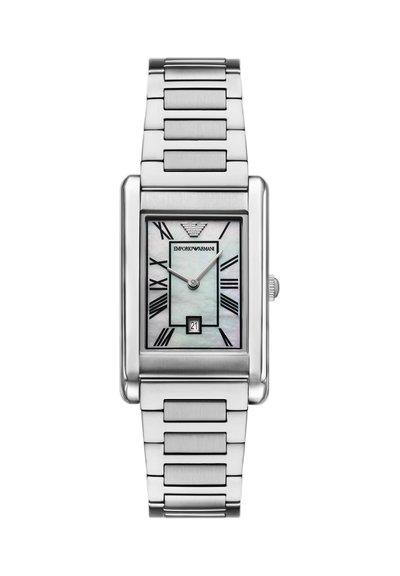 Rectangular silver watch with metal link band, white mother-of-pearl dial, black Roman numerals, date window, and Emporio Armani logo at 12 o'clock.