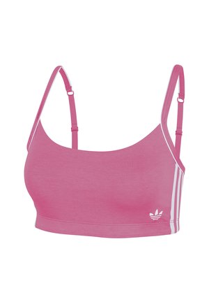 Roze sport bralette gemaakt van zachte stof, voorzien van dunne verstelbare straps en witte zijstrepen. Klein logo aan de linksonderzijde.
