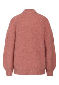Maglione rosa in maglia con una vestibilità morbida, dotato di collo e polsini a costine, tessuto testurizzato e spalle scese. Vista posteriore mostrata.