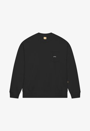 Felpa nera in cotone, con collo rotondo, maniche lunghe e tasca frontale sul petto con testo in rilievo. Texture liscia, vestibilità regolare.