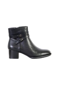 Black ankle boot made of smooth leather, featuring a rounded toe, mid-heel, and two decorative straps with metal buckles around the ankle.