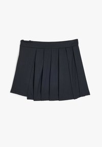 Jupe plissée en tissu bleu marine foncé avec un motif à rayures, dotée d'une taille et d'un zip sur le côté pour la fermeture.