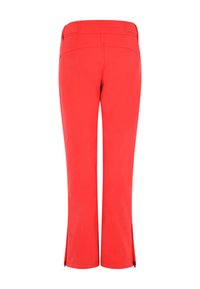 Rode broek met een aansluitende taille, rechte pijpen en zijsplitten bij de enkels. Gemaakt van een soepele stof in een effen kleur zonder zichtbare patronen.
