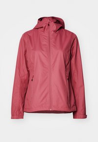 Red waterproof jacket with a zip front, adjustable hood, and two front pockets. Smooth texture and minimalistic design, suitable for outdoor wear.