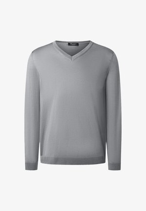 Suéter gris claro de manga larga con cuello en V, puños y dobladillo acanalados, con la etiqueta Maerz en el interior del cuello.