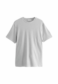Helles graues T-Shirt mit kurzen Ärmeln und geripptem Muster, das horizontale Streifen in unterschiedlichen Breiten und einen runden Halsausschnitt aufweist.