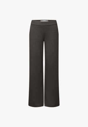 Pantalon noir à jambes larges en tissu doux avec une ceinture lisse, présentant une silhouette droite sans fermetures ni poches visibles.