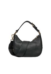 Borsa a tracolla in pelle nera con finitura testurizzata, forma curva, tracolla rimovibile e dettagli in metallo dorato.