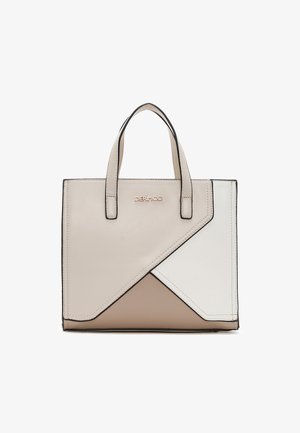 Beige and white structured handbag made of smooth leather; features geometric color blocking and black trim; dual top handles.