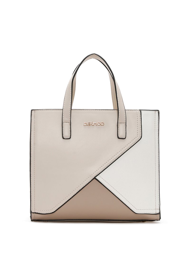 Bolso estructurado en color beige y blanco, hecho de cuero suave; presenta bloqueo de color geométrico y ribete negro; asas dobles en la parte superior.