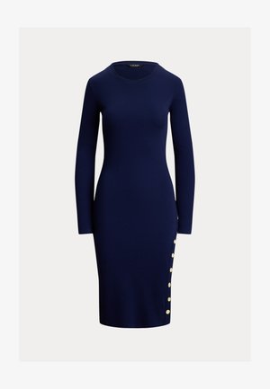 Vestido de manga larga en azul marino con escote redondo, ajuste entallado y botones dorados a lo largo del lado izquierdo. Confeccionado con tela suave y elástica.