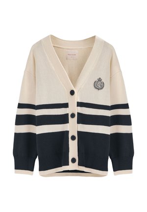 Cárdigan a rayas beige y marino con un profundo escote en V, cinco botones y un logotipo bordado en el pecho. Tejido de punto con puños acanalados.