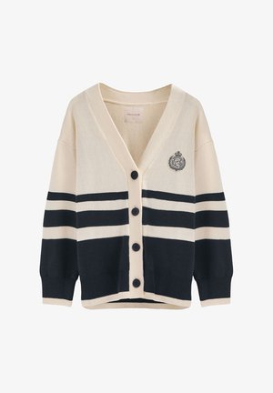 Beige en marineblauwe gestreepte cardigan met een diepe V-hals, vijf knopen en een logo geborduurd op de borst. Gebreide stof met geribbelde manchetten.