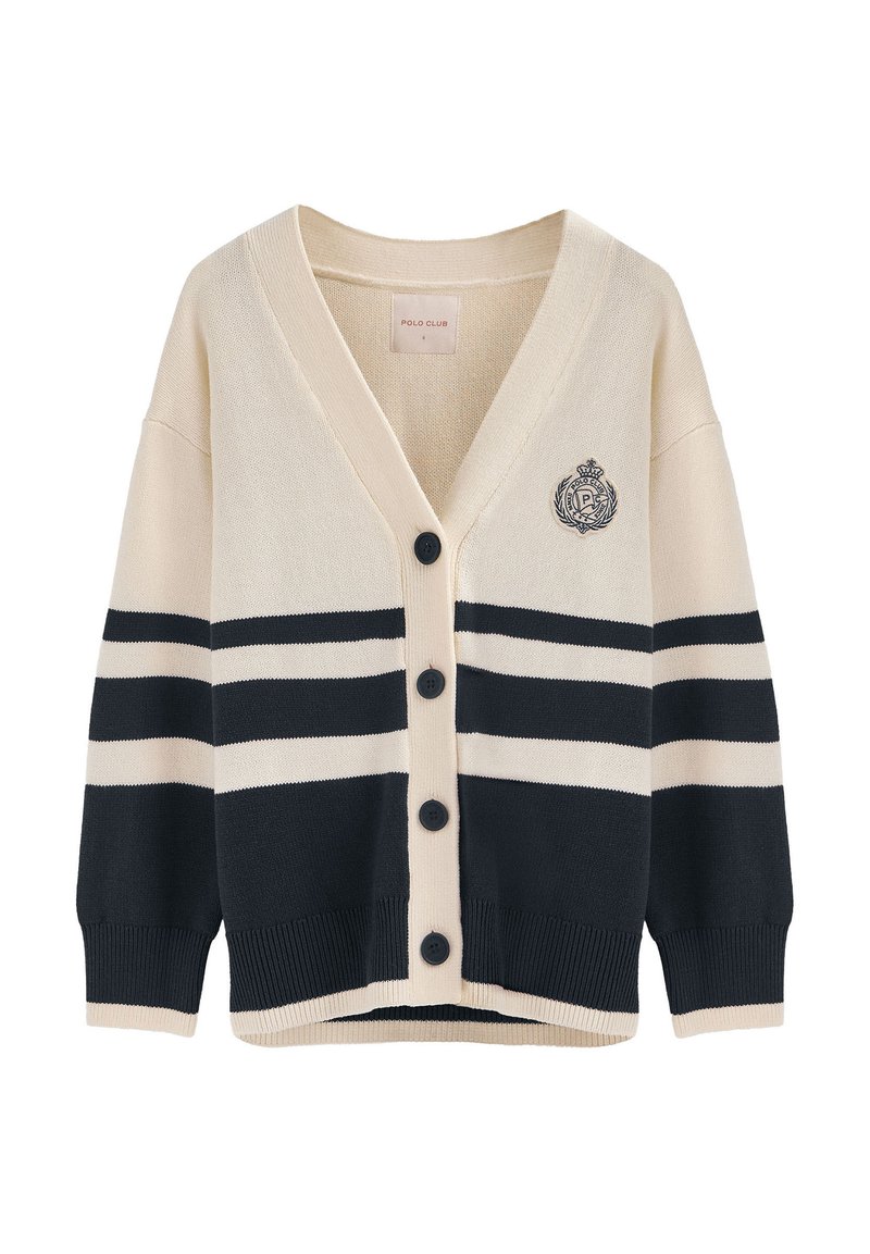 Beige och marinblå randig kofta med djup V-hals, fem knappar och en broderad logga på bröstet. Stickat tyg med ribbade mudd.