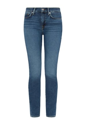 Skinny jeans in donkerblauwe denim, met een klassieke vijf-pocketontwerp, knoopsluiting en een lichte vervaging rond de knieën en dijen.