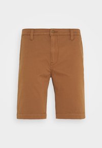 Shorts en coton marron avec une coupe droite, dotés d'une fermeture éclair, d'un bouton d'accroche et de poches latérales. Texture lisse avec une finition ourlée.