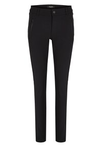 Schwarze, schmal geschnittene Hose aus elastischem Stoff. Verfügt über zwei Reißverschlusstaschen vorne und einen Knopfverschluss an der Taille. Glatte Textur.