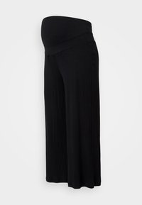 Černé ribbené těhotenské kalhoty palazzo s elastickým pasem a širokým střihem, vyrobené z měkké, lehké látky.