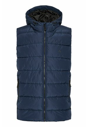 Donkerblauwe gewatteerde vest met capuchon, met horizontale stiksels, een ritssluiting aan de voorkant en twee zijzakken. Glad buitenmateriaal.