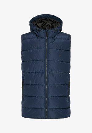 Donkerblauwe gewatteerde vest met capuchon, met horizontale stiksels, een ritssluiting aan de voorkant en twee zijzakken. Glad buitenmateriaal.