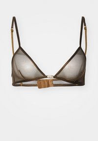 Hnědý průhledný bralet s trojúhelníkovým tvarem. Obsahuje tenké nastavitelné ramínka a detail s kovovým zakončením vpředu. Měkká strukturovaná tkanina.